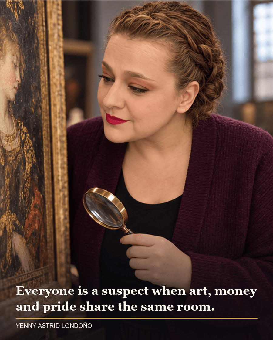 Image from Yenny Astrid Londoño’s review of “The Flanders Panel”. Yenny examining a framed painting and restoration tools in a conservation studio. Text: Everyone is a suspect when art, money and pride share the same room.
