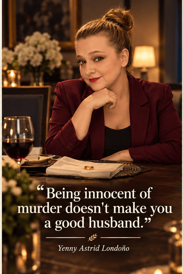 Image from Yenny Astrid Londoño’s review of “She Didn't See It Coming”. Illustration of She Didn't See It Coming, by Shari Lapena, with overlaid text: «Being innocent of a murder doesn't make you a good husband.»
