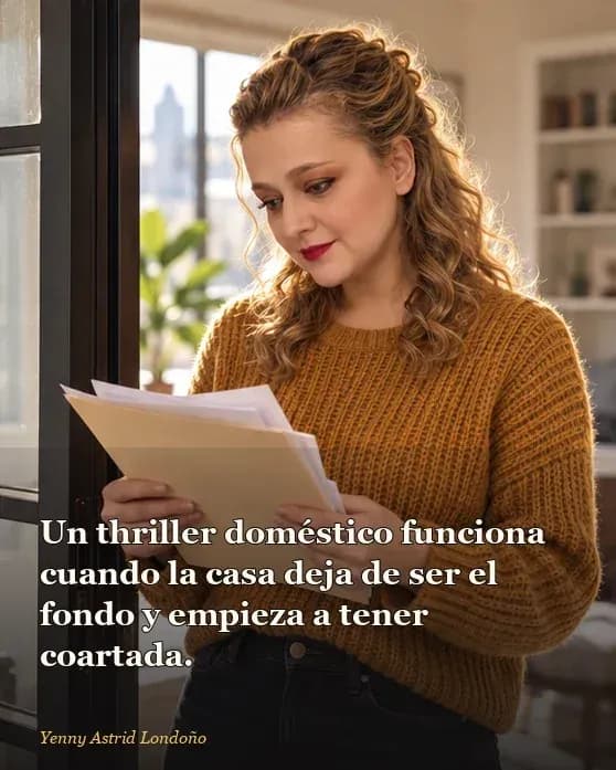 Imagen del artículo «Libros parecidos a *La asistenta*: qué leer después de Millie», escrito por Yenny Astrid Londoño. Yenny cierra una puerta y deja un libro abierto en el recibidor; frase: “Un thriller doméstico funciona cuando la casa
