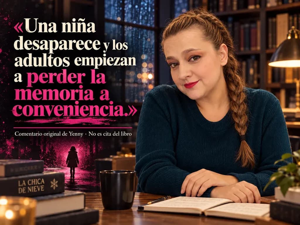 Imagen de la reseña del libro «La chica de nieve», escrita por Yenny Astrid Londoño. Ilustración de La chica de nieve, de Javier Castillo, con un texto superpuesto: «Una niña desaparece y los adultos empiezan a perder la memoria a conveniencia».