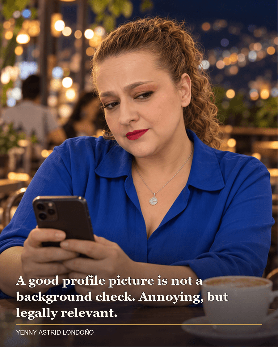 Image from Yenny Astrid Londoño’s review of “The Boyfriend”. Yenny checking a dating profile on her phone in a Medellín café. Text: A good profile picture is not a background check. Annoying, but legally relevant.