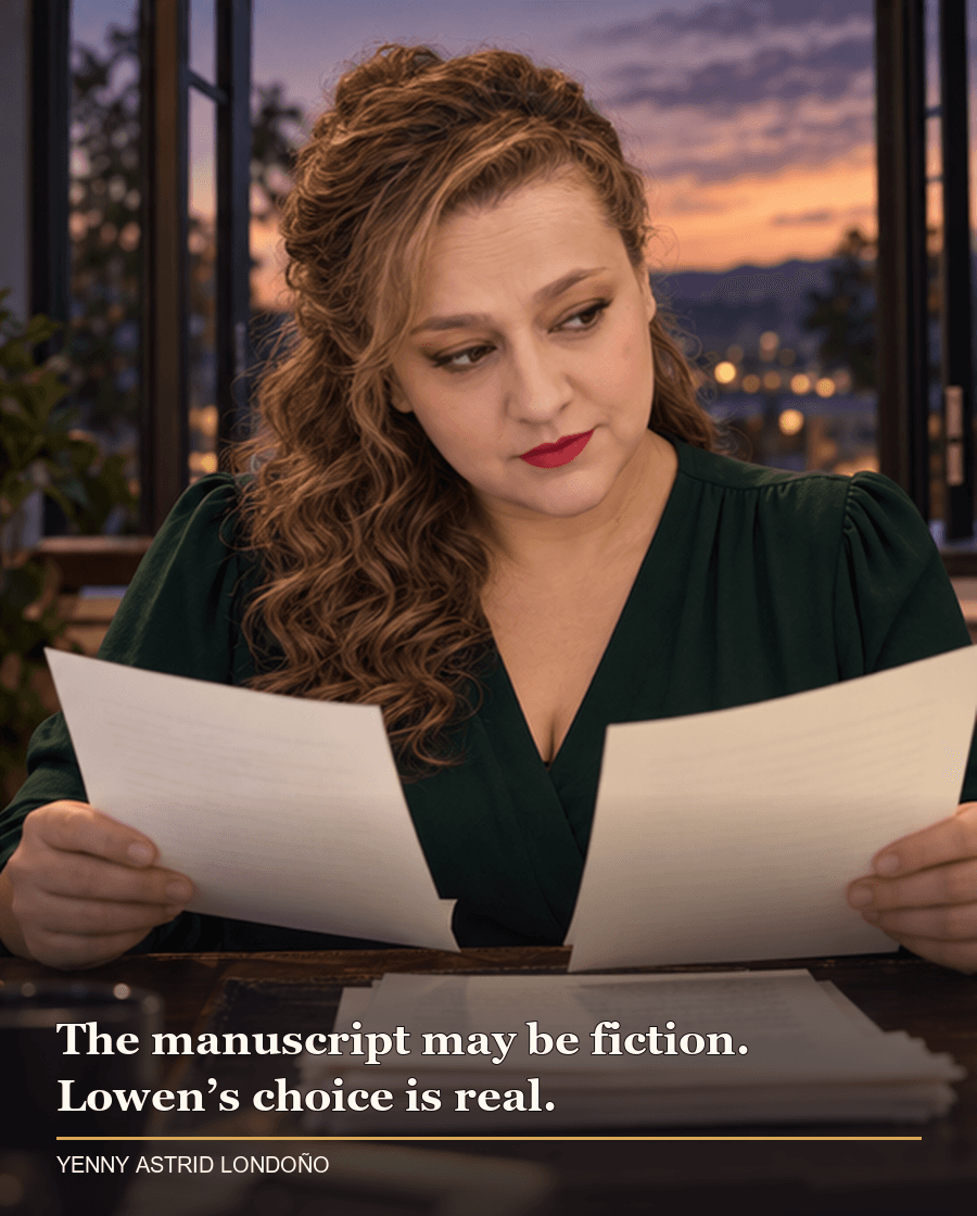 Image from Yenny Astrid Londoño’s review of “Verity”. Yenny in a dark green blouse comparing two manuscript pages beside an open window at dusk. Text: The manuscript may be fiction. Lowen’s choice is real.