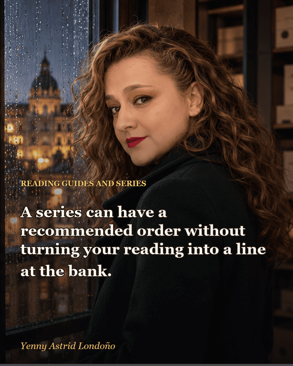 Image from “Red Queen Books in Order: Where to Begin Without Turning It Into a Thesis,” written by Yenny Astrid Londoño. Yenny looking at a row of books while moving an unnecessarily tall stack aside.