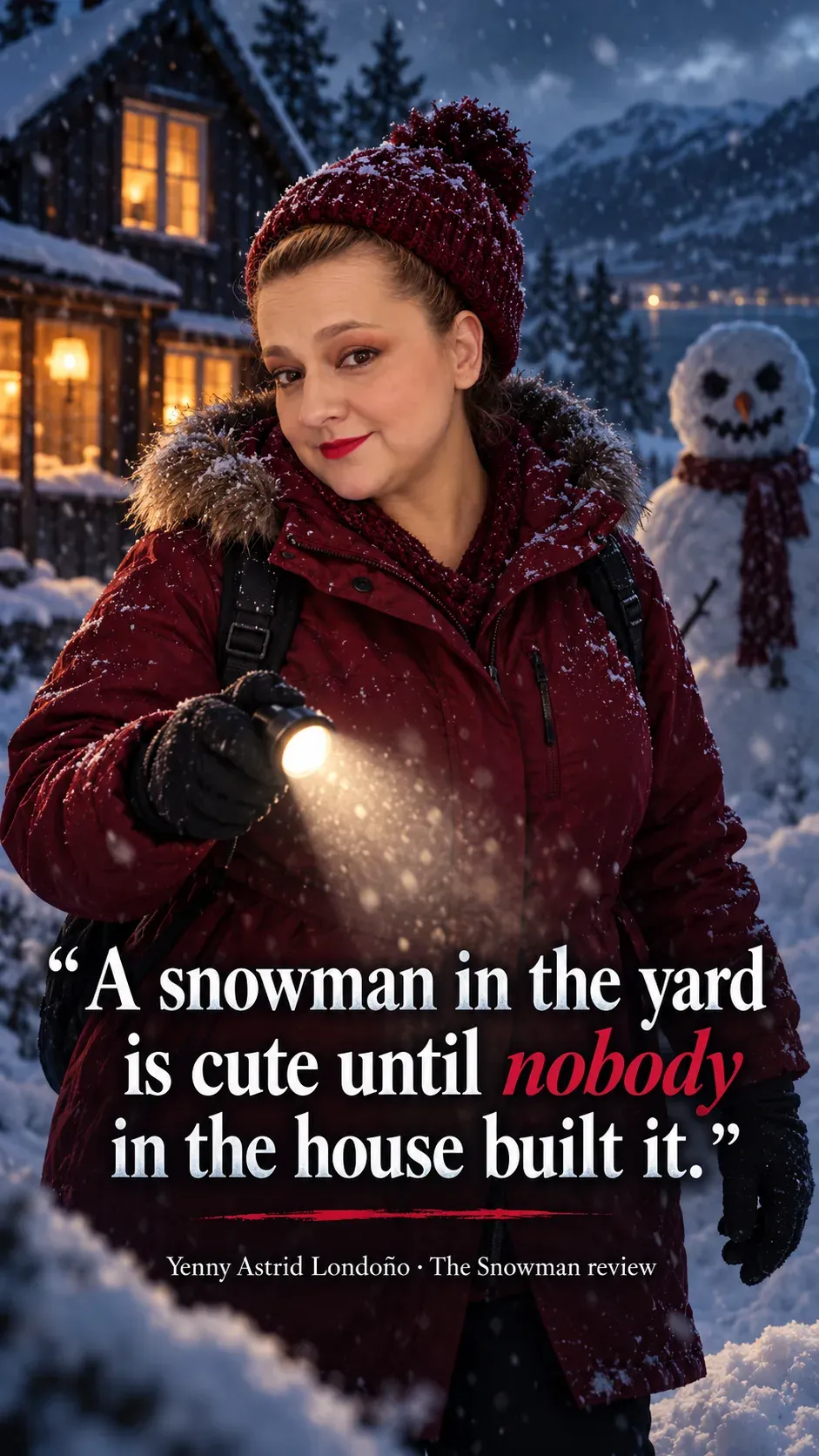 Image from Yenny Astrid Londoño’s review of “The Snowman”. Yenny in a red winter coat shining a flashlight near a snowman outside a house. Text: A snowman in the yard is cute until nobody in the house built it.