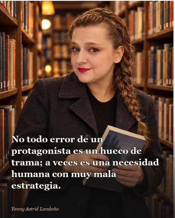 Imagen del artículo «Protagonistas literarios que dan ganas de sacudirlos, aunque uno entiende por qué no se van», escrito por Yenny Astrid Londoño. Yenny Astrid Londoño con un libro abierto sobre la mesa y una taza al lado; marca una página con el dedo, mirando a