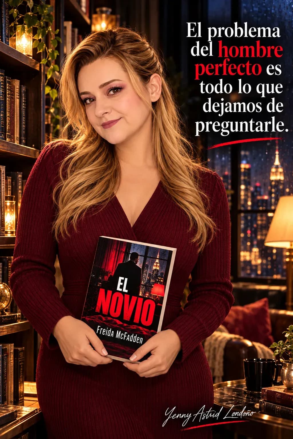 Yenny con el cabello semirrecogido y vestido burdeos, sosteniendo El novio con ambas manos delante de una biblioteca iluminada; frase del libro sobre el hombre perfecto.