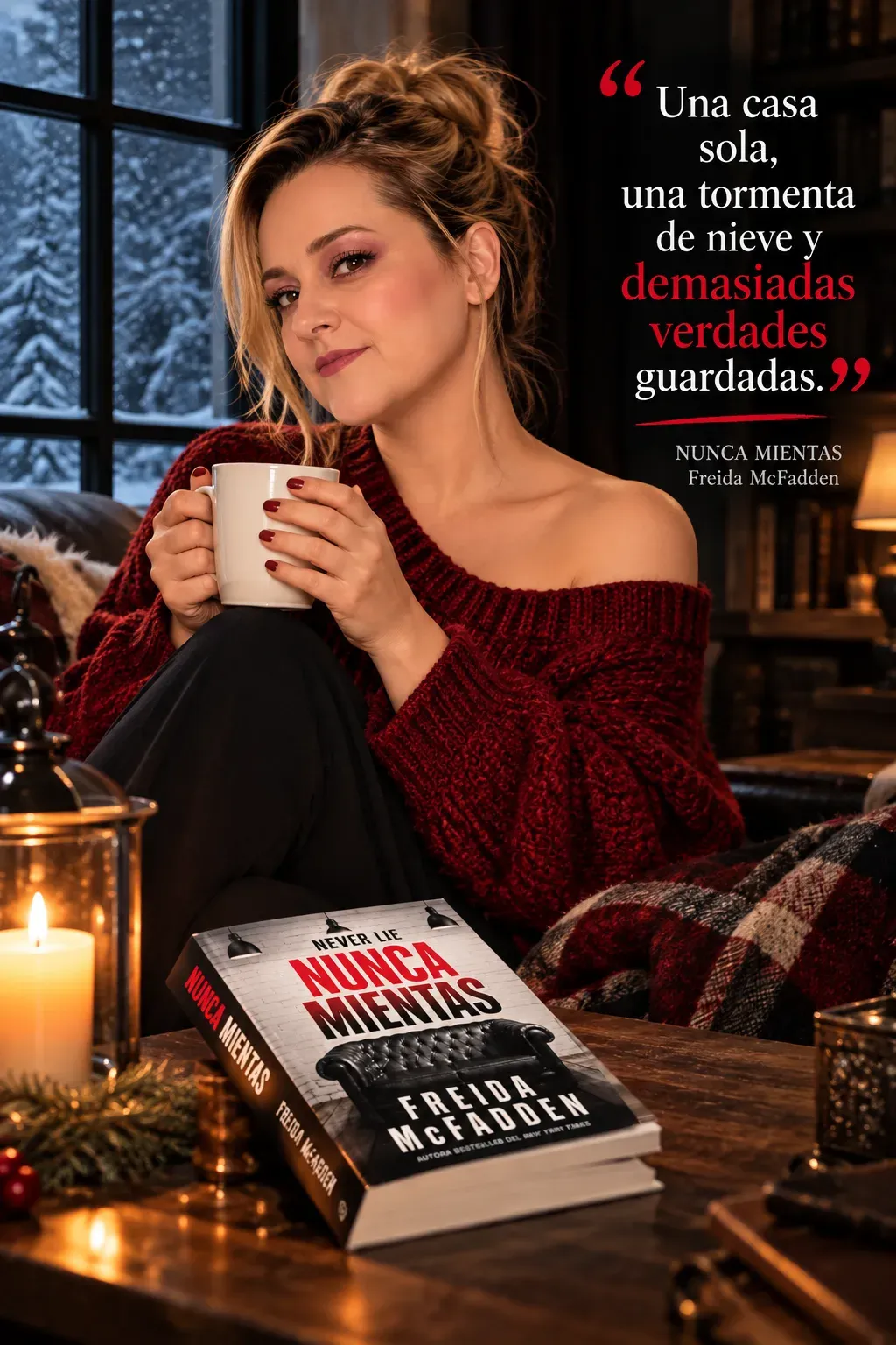 Yenny Astrid Londoño con una taza en un sillón, junto a una ventana con nieve y Nunca mientas, de Freida McFadden, sobre la mesa.