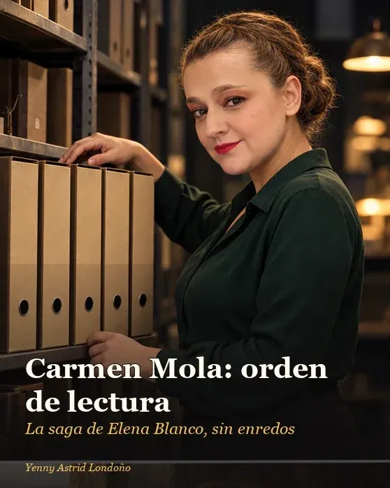 Portada del artículo «Libros de Carmen Mola: en qué orden leer a Elena Blanco y por cuál novela empezar», escrito por Yenny Astrid Londoño. Yenny en una sala de archivo policial con cinco expedientes y una pizarra de investigación, ropa granate; portada