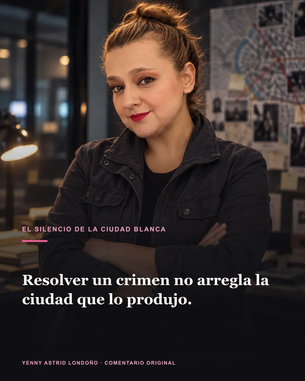 Imagen de la reseña del libro «El silencio de la ciudad blanca», escrita por Yenny Astrid Londoño. Ilustración de El silencio de la ciudad blanca, de Eva García Sáenz de Urturi, con un texto superpuesto: «Resolver un crimen no arregla la ciudad que lo produjo».