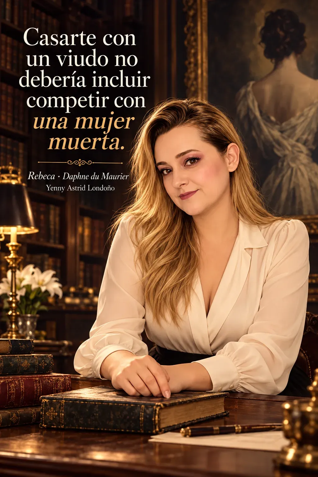Yenny con blusa crema sentada en la biblioteca de una mansión ante un retrato femenino.