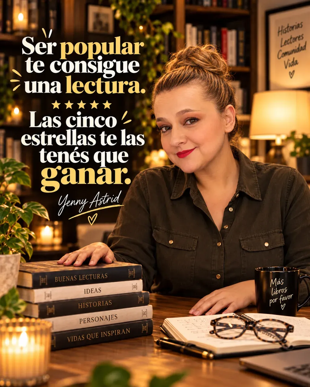 Imagen del artículo «¿Qué carajos está leyendo todo el mundo en 2026? Los 10 libros que están arrasando», escrito por Yenny Astrid Londoño. Yenny junto a una pila de libros; frase: «Ser popular te consigue una lectura»