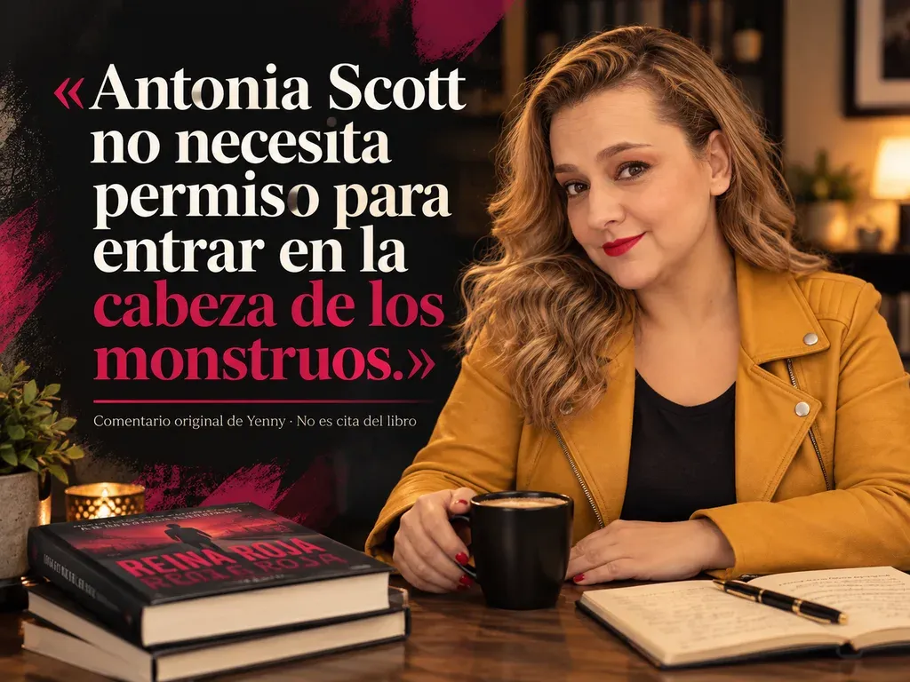 Imagen de la reseña del libro «Reina Roja», escrita por Yenny Astrid Londoño. Ilustración de Reina Roja, de Juan Gómez-Jurado, con un texto superpuesto: «Antonia Scott no necesita permiso para entrar en la cabeza de los monstruos».