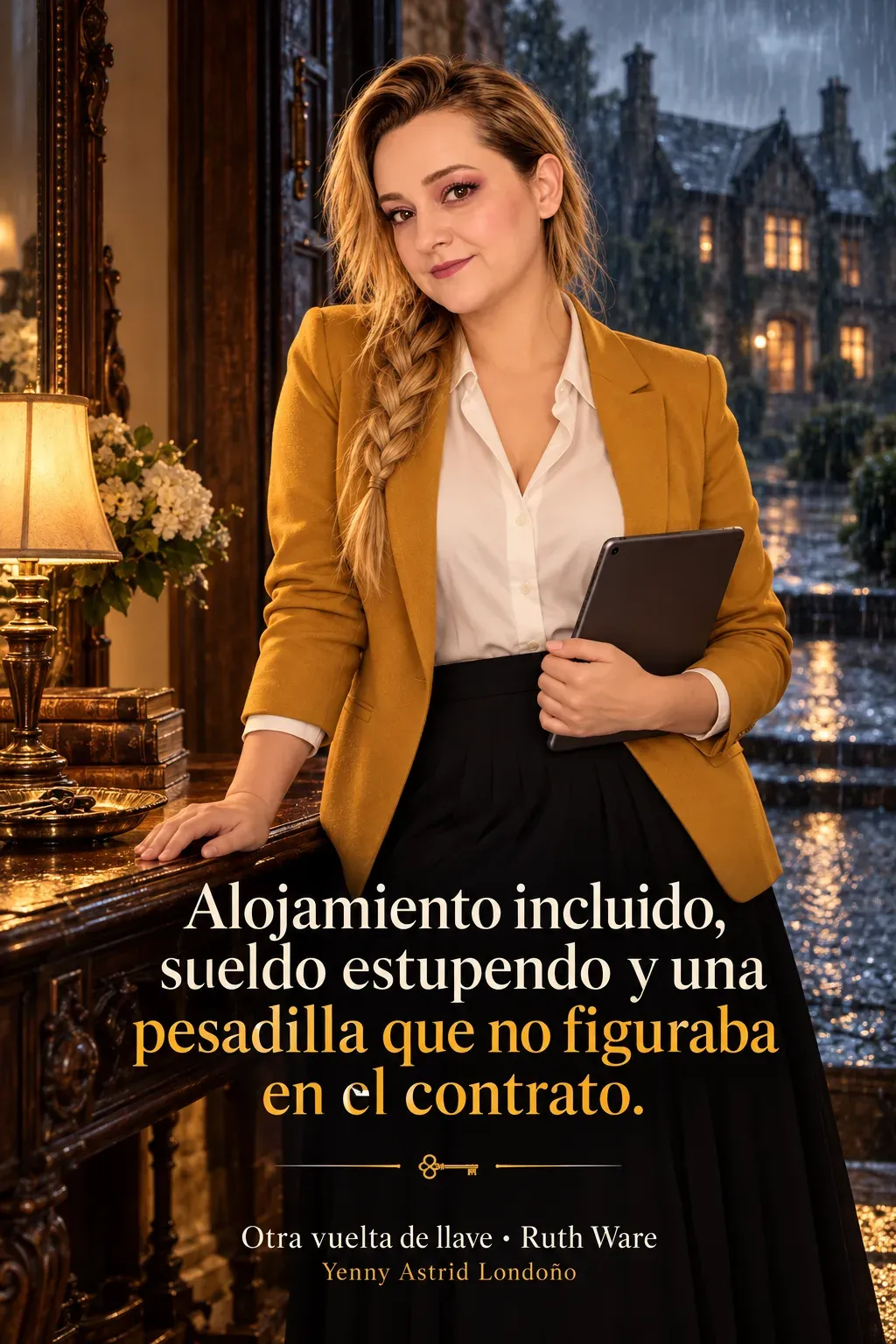 Yenny con blazer mostaza y trenza lateral sostiene una tableta dentro de una casa antigua mientras llueve; frase sobre el contrato de niñera.