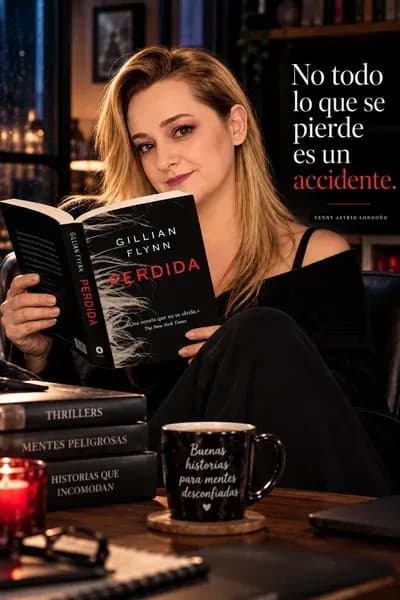 Yenny Astrid Londoño sonriendo con Perdida, de Gillian Flynn, abierto en la mano, junto a una taza.