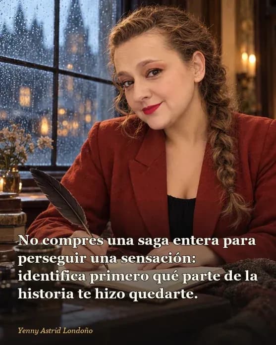 Imagen del artículo «Qué leer después de *El nombre del viento*: ocho opciones para quien sigue oyendo la música», escrito por Yenny Astrid Londoño. Yenny anota una ruta de lectura en una libreta abierta, con separadores de colores y una lámpara cálida.