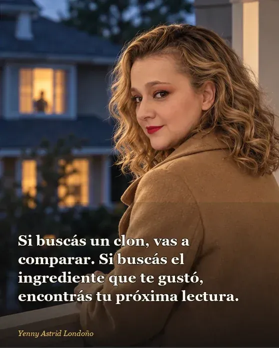 Imagen del artículo «Libros parecidos a *La asistenta*: qué leer después de Millie», escrito por Yenny Astrid Londoño. Yenny separa tres tarjetas: casa, pareja y narrador; frase: “Si buscás un clon, vas a comparar. Si buscás el