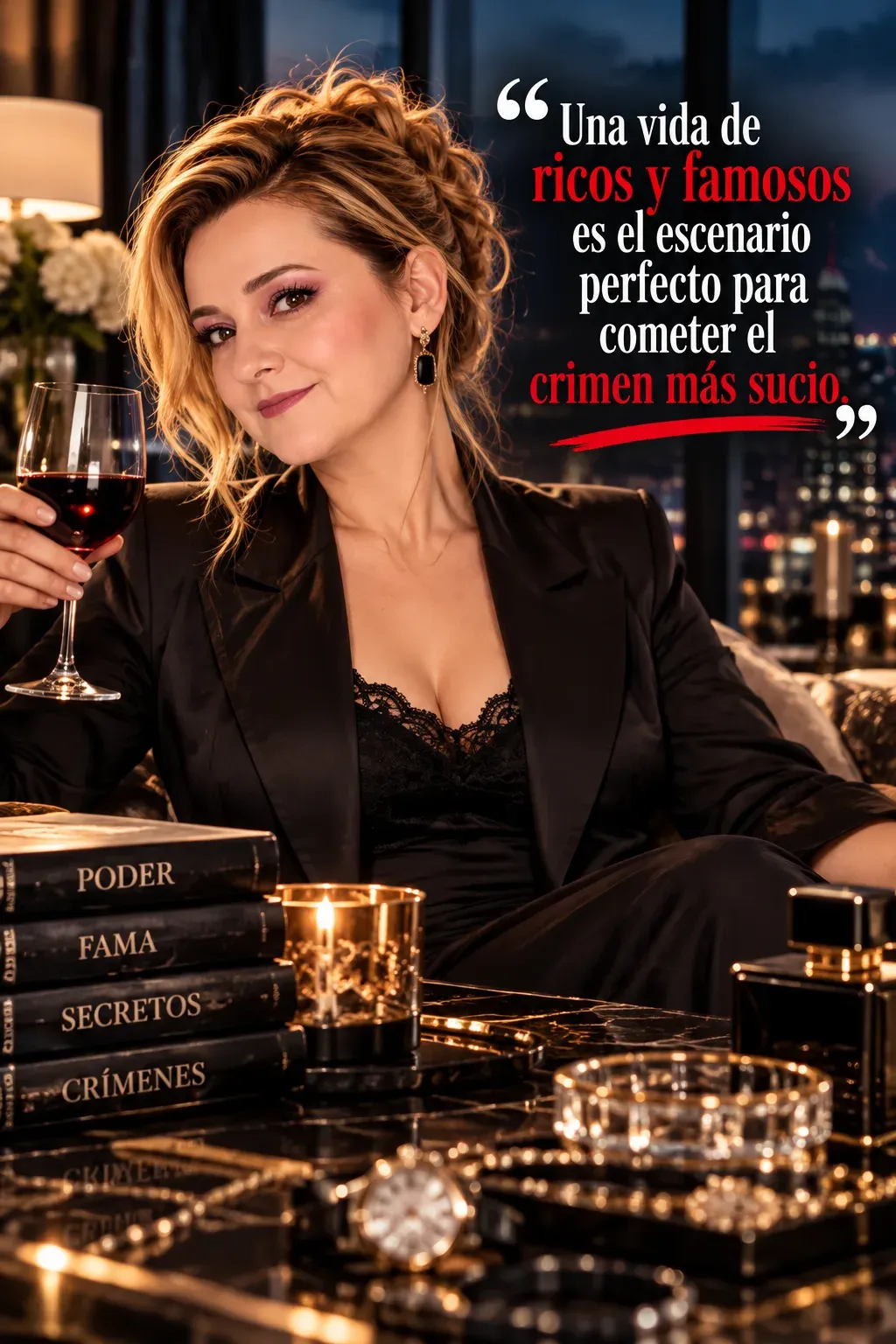 Yenny Astrid Londoño con un blazer negro y una copa de vino, junto a libros y joyas sobre una mesa, con una ciudad de noche al fondo y un texto superpuesto en la imagen.