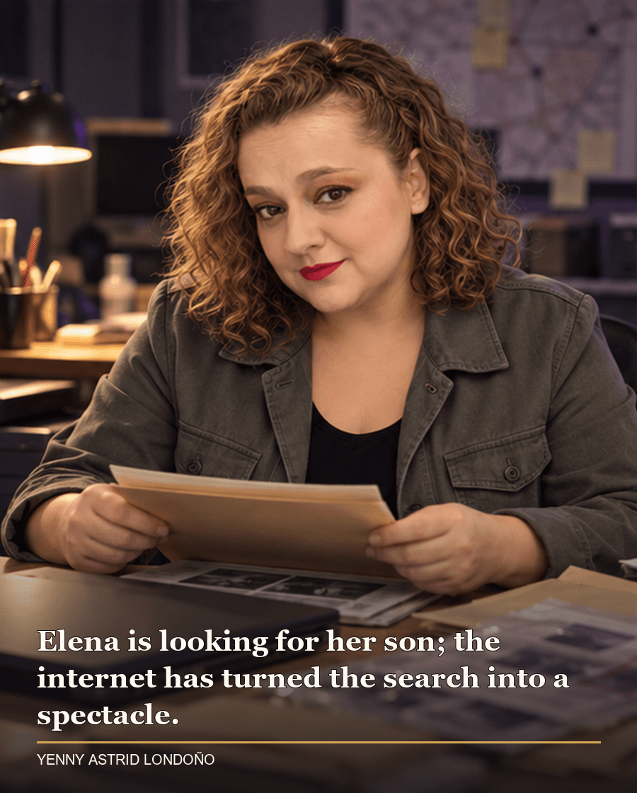 Image from Yenny Astrid Londoño’s review of “The Purple Network”. Yenny examining sealed evidence envelopes in a dim criminal investigation room. Text: Elena is looking for her son; the internet has turned the search into a spectacle.