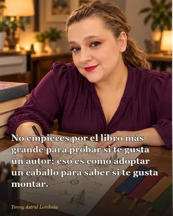 Imagen del artículo «Por dónde empezar a leer a Brandon Sanderson sin abrir una hoja de cálculo», escrito por Yenny Astrid Londoño. Yenny anota una ruta sencilla en un mapa de lectura, dejando el tomo más grueso para quien sí quiere lanzarse al fondo.