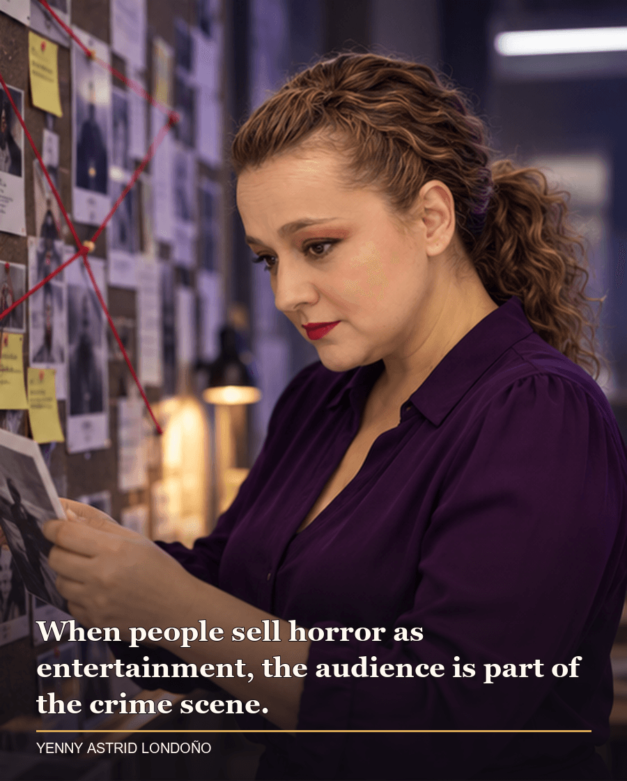 Image from Yenny Astrid Londoño’s review of “The Purple Network”. Yenny studying a police evidence board connected to the Purple Network investigation. Text: When people sell horror as entertainment, the audience is part of the crime scene.