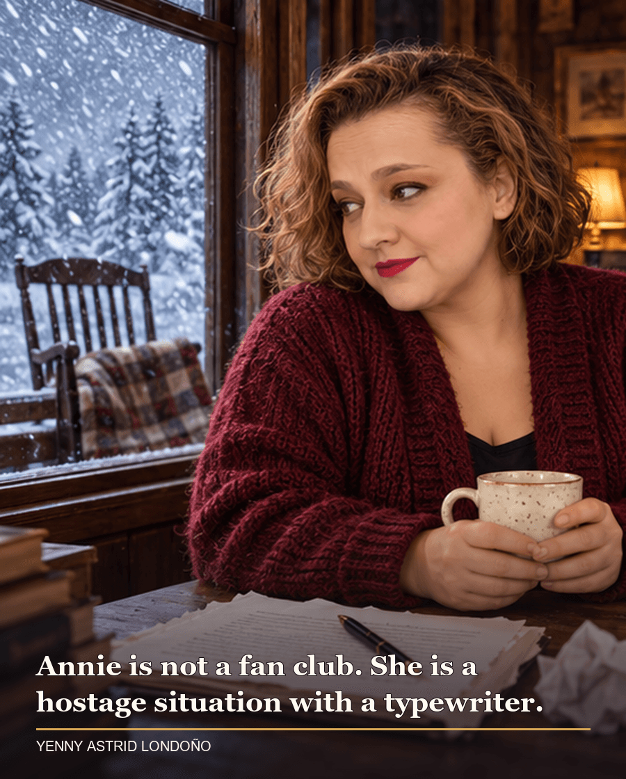 Image from Yenny Astrid Londoño’s review of “Misery”. Yenny in a burgundy cardigan by a cabin window during a blizzard, beside an unfinished page. Text: Annie is not a fan club. She is a hostage situation with a typewriter.