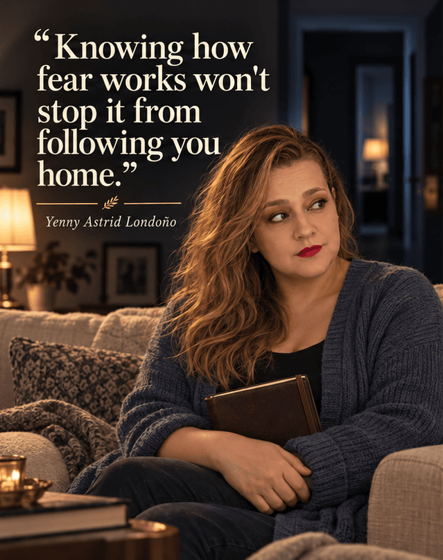 Image from Yenny Astrid Londoño’s review of “The Therapist”. Illustration of The Therapist, by Helene Flood, with overlaid text: «Understanding how fear works doesn't stop you from feeling it inside your own home.»