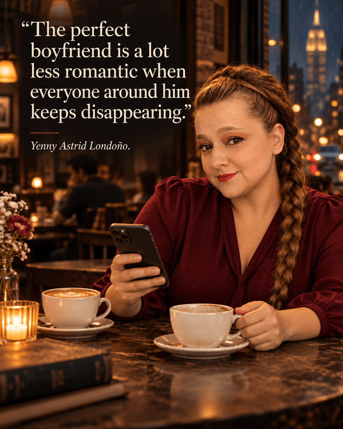 Image from Yenny Astrid Londoño’s review of “The Boyfriend”. Yenny in a café examining a dating profile. Text: The perfect boyfriend is a lot less romantic when everyone around him keeps disappearing.