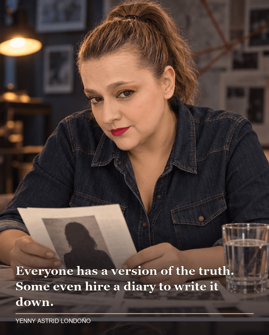 Image from Yenny Astrid Londoño’s review of “Gone Girl”. Yenny comparing a diary and a newspaper at a desk, reflecting on Amy’s account of her marriage. Text: Everyone has a version of the truth. Some even hire a diary to write it down.