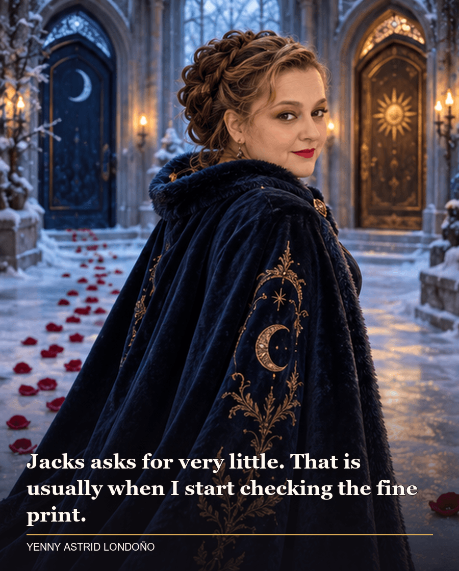 Image from Yenny Astrid Londoño’s review of “Once Upon a Broken Heart”. Yenny in a midnight-blue cloak in a winter palace corridor with two mysterious doors and rose petals. Text: Jacks asks for very little. That is usually when I start checking the fine print.