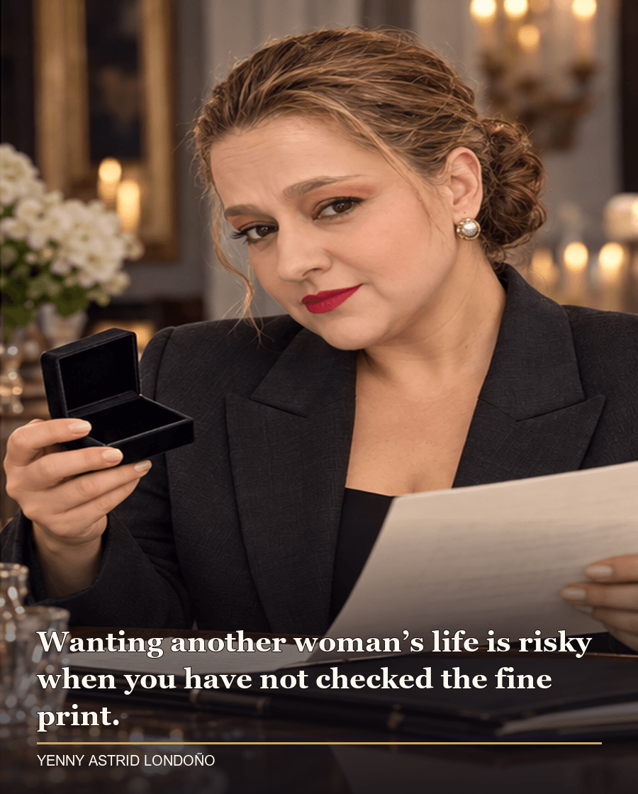 Image from Yenny Astrid Londoño’s review of “The Last Mrs. Parrish”. Parrish”. Yenny in a dark blazer examining an empty jewelry box and a letter at a polished table. Text: Wanting another woman’s life is risky when you have not checked the fine print.