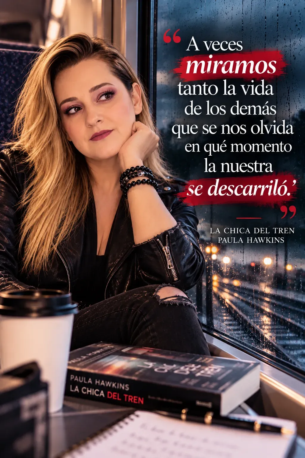 Yenny Astrid Londoño con la mano en la cara junto a la ventana de un tren con lluvia, con La chica del tren, de Paula Hawkins, sobre la mesa y un texto superpuesto en la imagen.