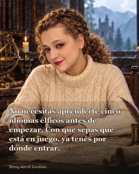 Imagen del artículo «Mejores libros de fantasía épica para empezar: ocho puertas de entrada sin mapa obligatorio», escrito por Yenny Astrid Londoño. Yenny dobla un mapa y elige una ruta entre varios libros; frase: “No necesitás aprenderte cinco idiomas élficos antes