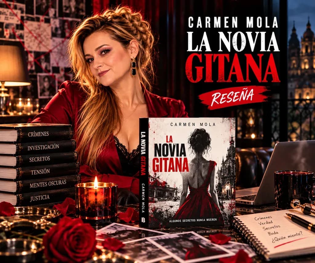 Yenny Astrid Londoño con una chaqueta de satén roja, sentada junto a La novia gitana, de Carmen Mola, con una vela y rosas rojas, con el título de la reseña superpuesto en la imagen.