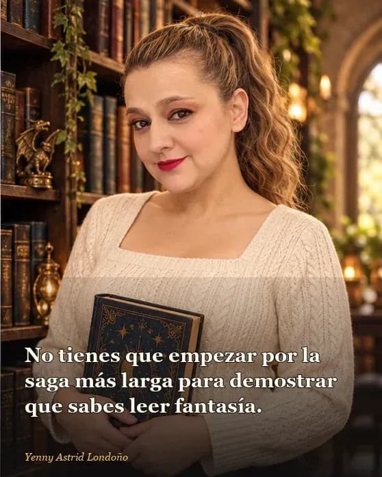 Imagen del artículo «Mejores sagas de fantasía para empezar: siete puertas y ninguna aduana literaria», escrito por Yenny Astrid Londoño. Yenny con suéter claro en una librería de fantasía, sosteniendo una novela a la altura del torso; frase: no hace falta