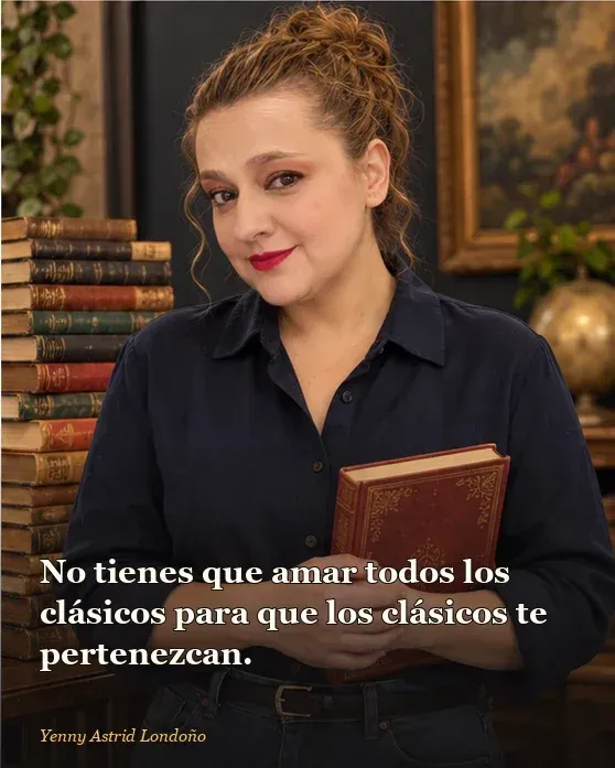 Imagen del artículo «Clásicos fáciles para empezar: siete libros sin examen de admisión», escrito por Yenny Astrid Londoño. Yenny disfruta la primera página de un clásico en una mesa de biblioteca, con una segunda lectura lista al lado.