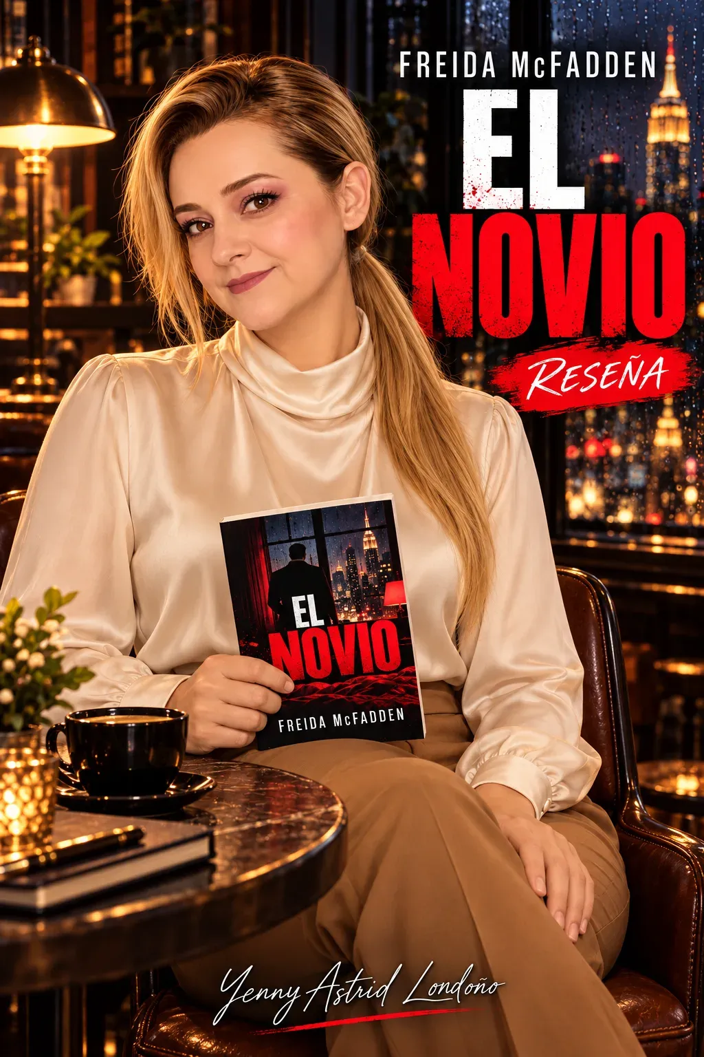 Yenny con coleta baja, blusa marfil y pantalón camel, sentada en un café nocturno con El novio a la altura de la cintura y una mano sobre la rodilla.