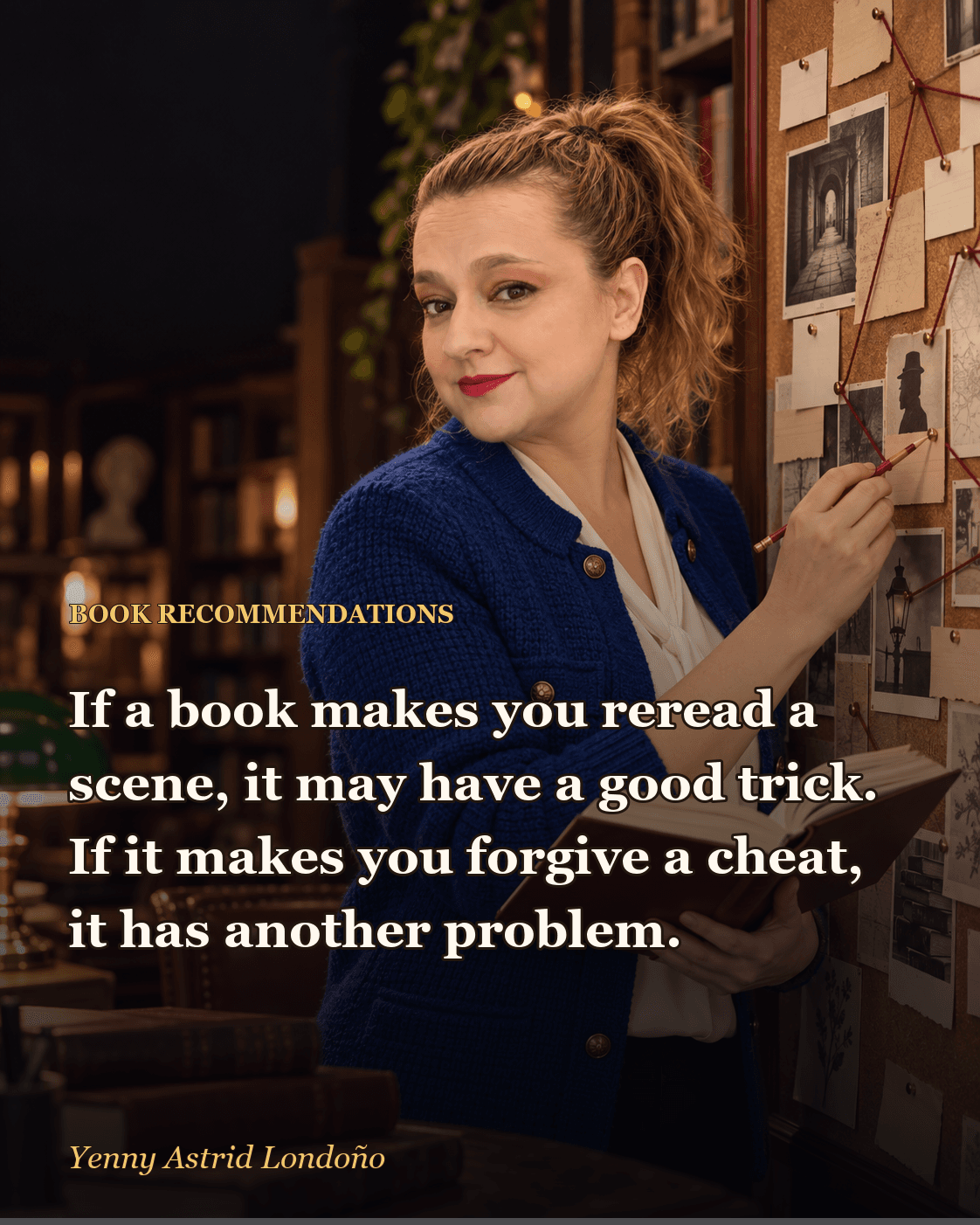 Image from “Best Psychological Thrillers That Actually Hook You: Ten Books That Make You Distrust the Person Who Recommended Them,” written by Yenny Astrid Londoño. Yenny connecting notes and clues on an investigation board in a library.