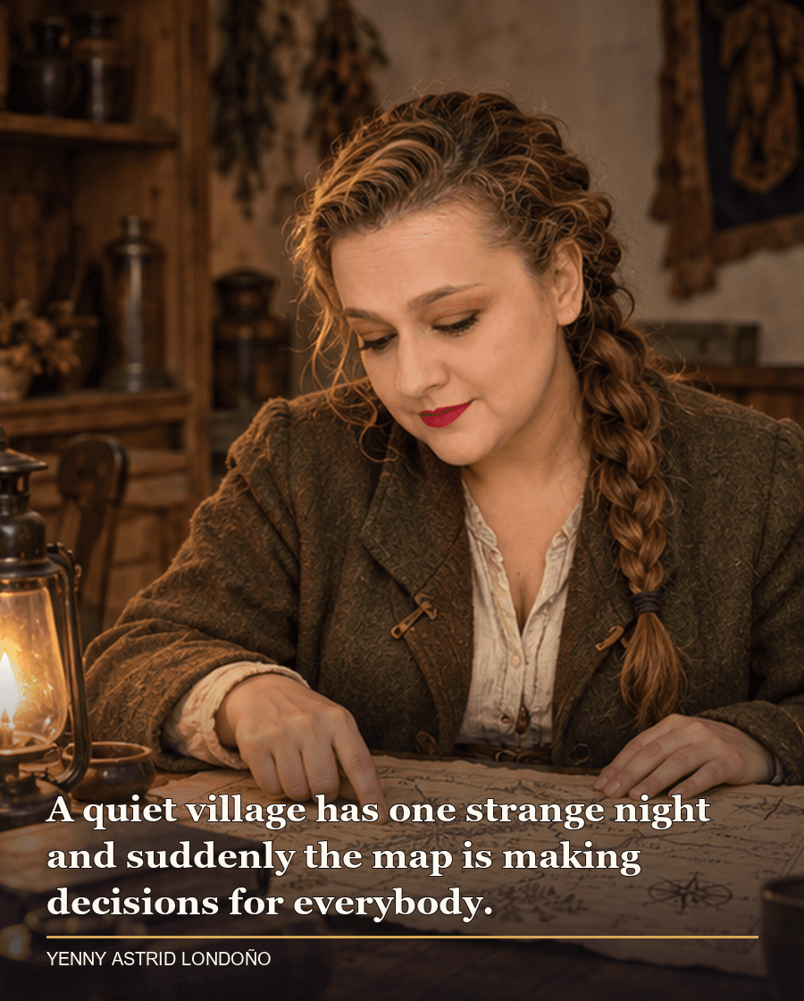 Image from Yenny Astrid Londoño’s review of “The Eye of the World”. Yenny in an olive wool jacket studying a map on a farmhouse table after a strange night. Text: A quiet village has one strange night and suddenly the map is making decisions for everybody.