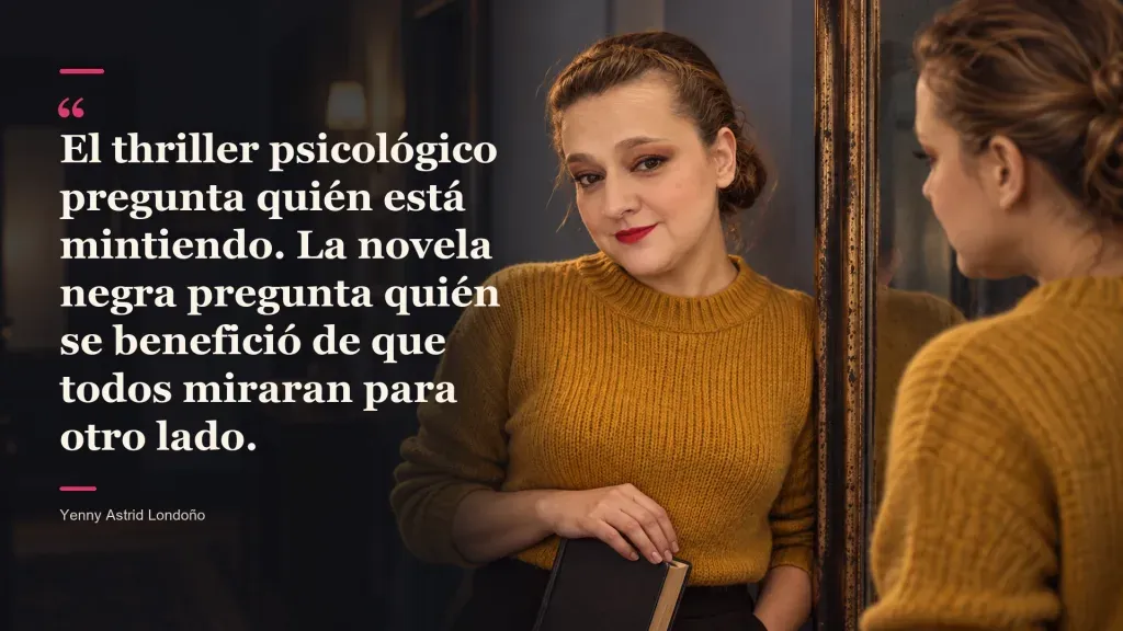 Imagen del artículo «Thriller psicológico vs. novela negra: no, no son la misma vaina aunque haya cadáveres en los dos», escrito por Yenny Astrid Londoño. Yenny frente a un espejo antiguo con un libro; frase: «El thriller psicológico pregunta quién está mintiendo»