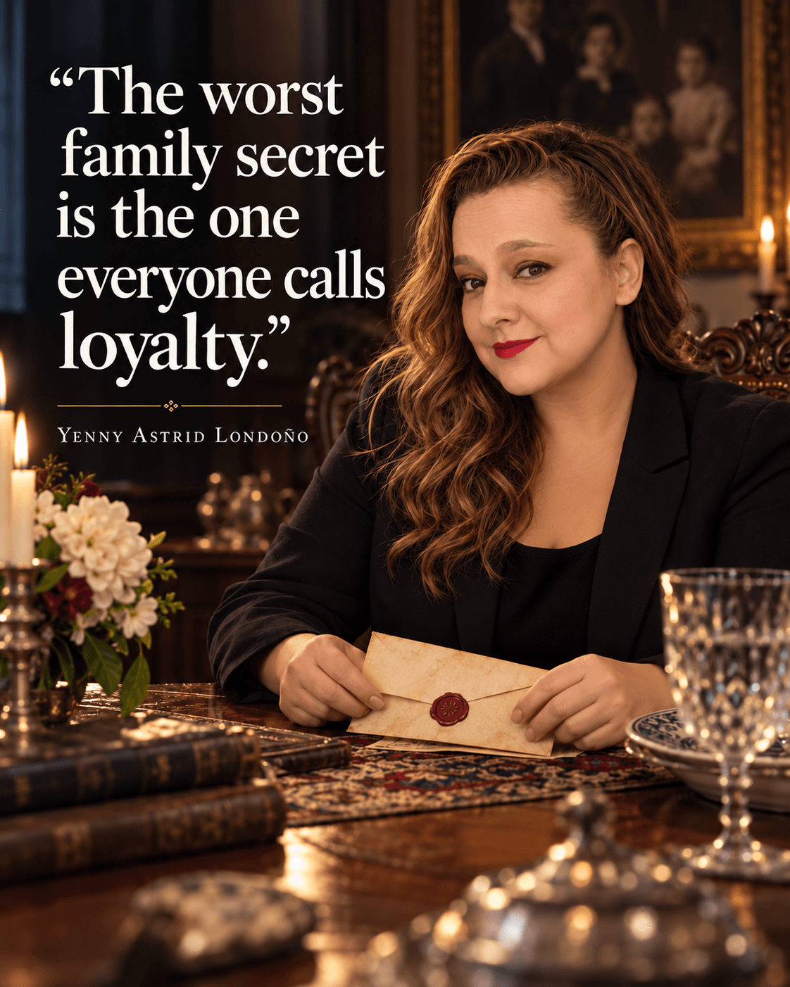 Image from Yenny Astrid Londoño’s review of “The Bad Daughter”. Yenny in a family room holding a sealed letter. Text: The worst family secret is the one everyone calls loyalty.