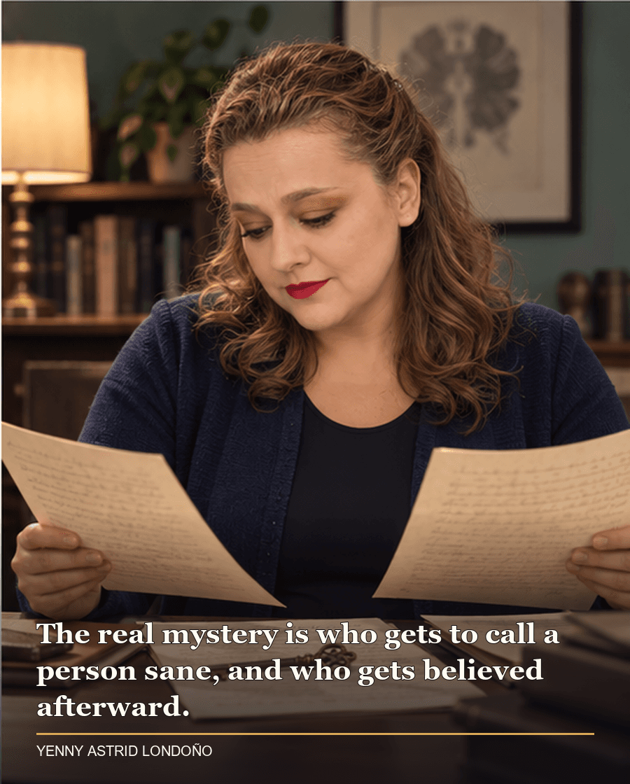 Image from Yenny Astrid Londoño’s review of “God's Crooked Lines”. Yenny in a navy cardigan comparing two handwritten reports and a key in a consultation room. Text: The real mystery is who gets to call a person sane, and who gets believed afterward.