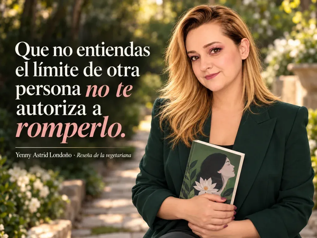 Imagen de la reseña del libro «La vegetariana», escrita por Yenny Astrid Londoño. Yenny Astrid Londoño en una imagen editorial con la frase del libro sobre Que no entiendas el límite de otra persona no te autoriza a romperlo.