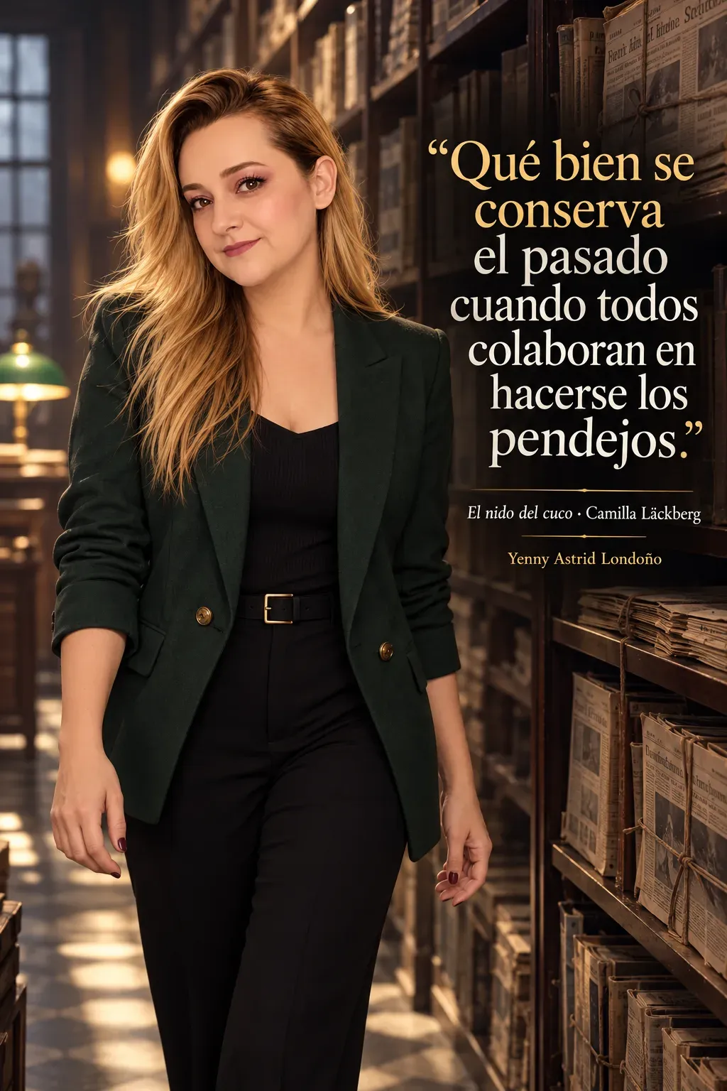 Yenny con blazer verde y pantalón negro caminando por un archivo de periódicos.