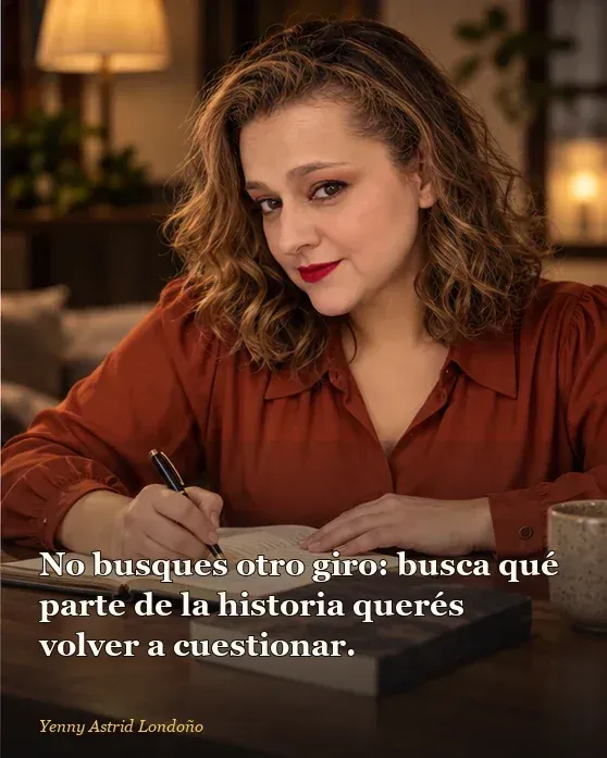 Imagen del artículo «Libros parecidos a *La paciente silenciosa*: qué leer después de Alicia», escrito por Yenny Astrid Londoño. Yenny deja tres libros sobre una mesa y aparta una tarjeta que dice “el gran giro”; frase: “No busques otro giro: busca