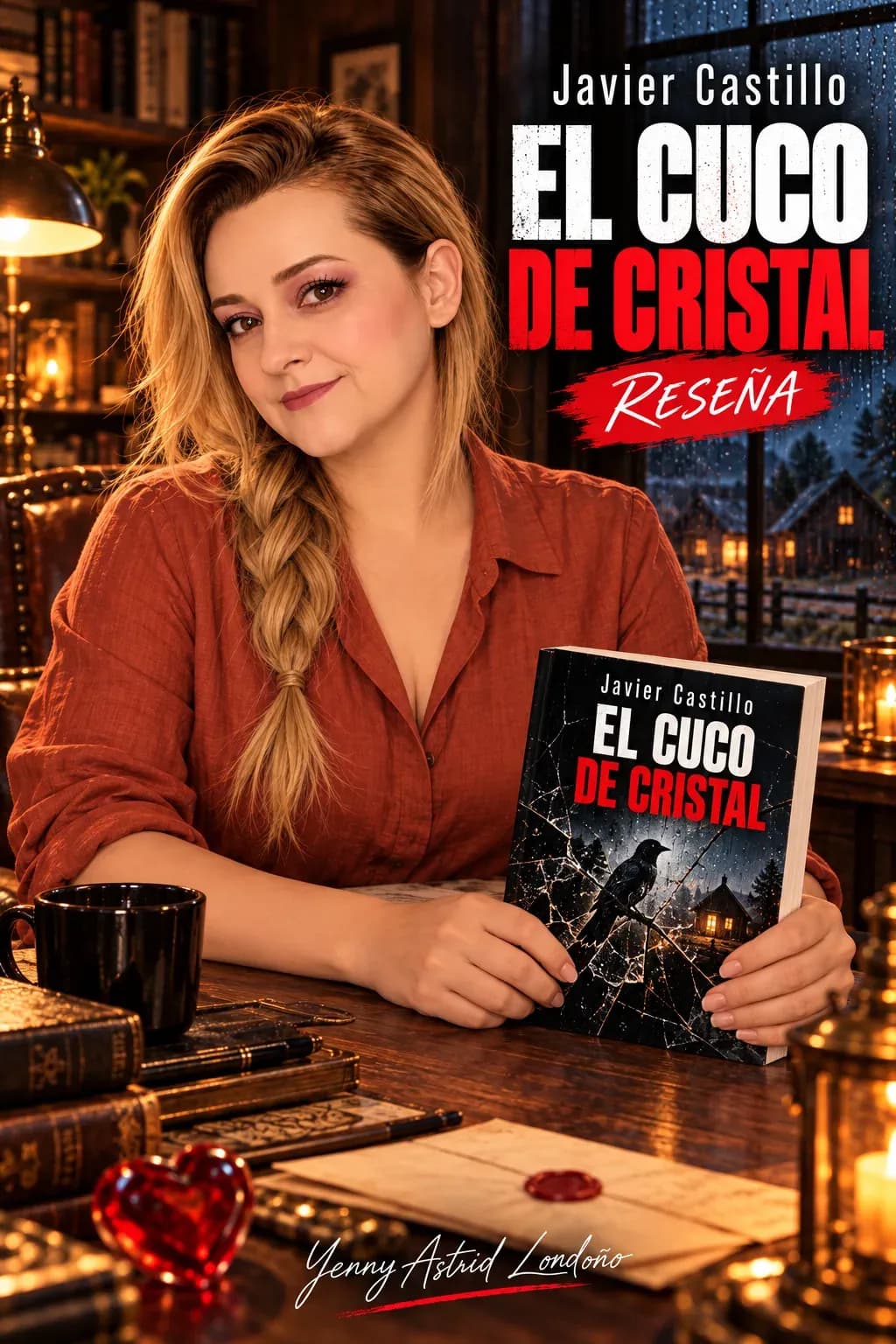 Yenny con trenza lateral y camisa terracota, sosteniendo El cuco de cristal sobre una mesa con lámpara y un corazón de cristal decorativo.
