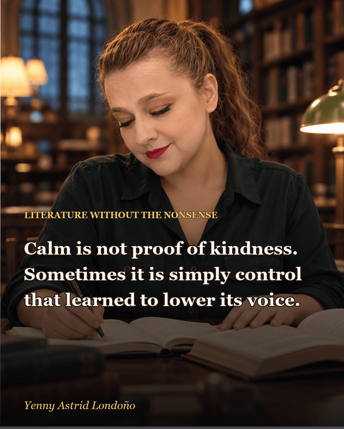 Image from “Literary Characters Who Urgently Needed Therapy—and Others Who Needed to Stop Hurting People,” written by Yenny Astrid Londoño. Yenny taking notes across from a psychological novel in a calm library scene.