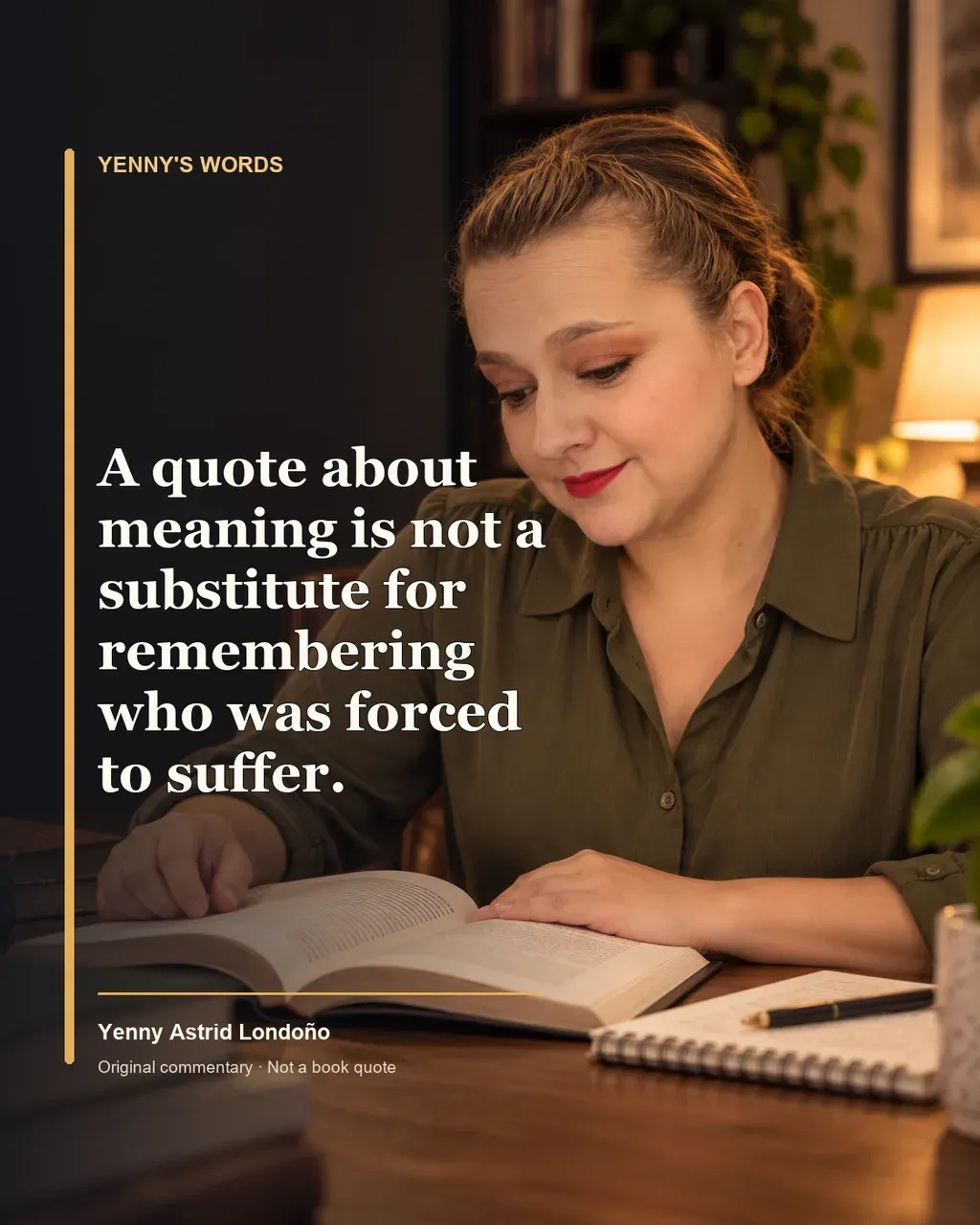 Image from Yenny Astrid Londoño’s review of “Man's Search for Meaning”. Illustration of El hombre en busca de sentido, by Viktor E. Frankl, with overlaid text: «A quote about meaning is not a substitute for remembering who was forced to suffer.»