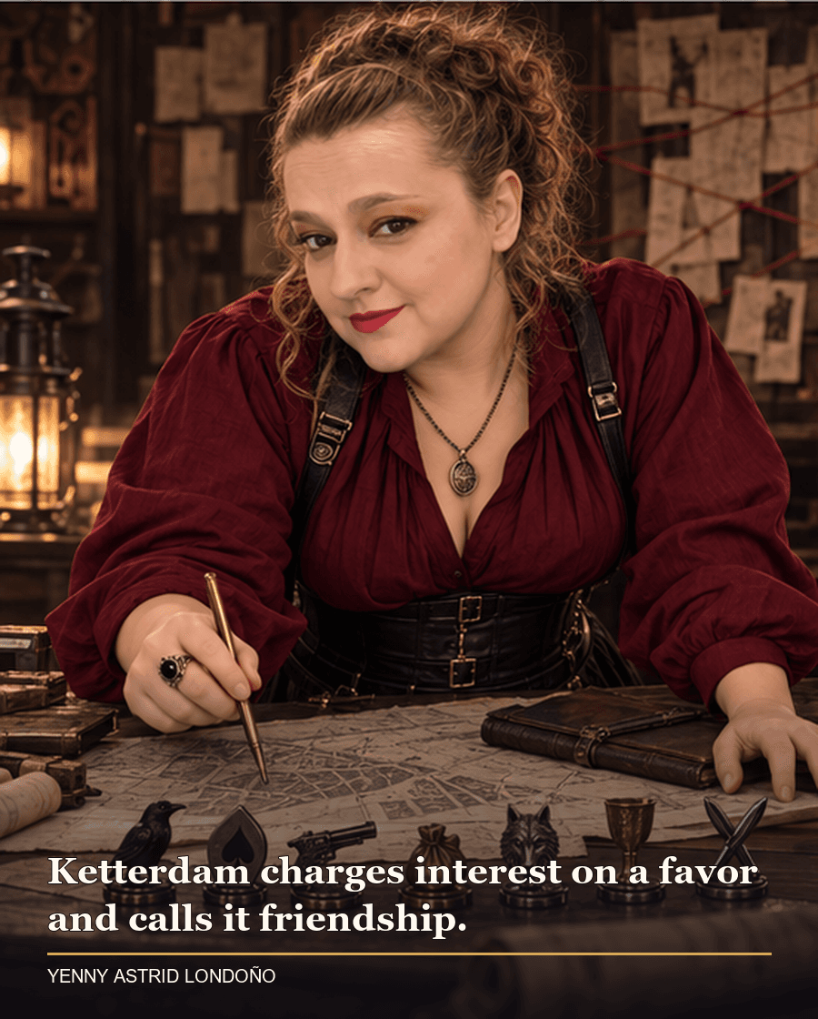 Image from Yenny Astrid Londoño’s review of “Six of Crows”. Yenny in a deep red blouse planning a heist at a table with six tokens and city maps. Text: Ketterdam charges interest on a favor and calls it friendship.
