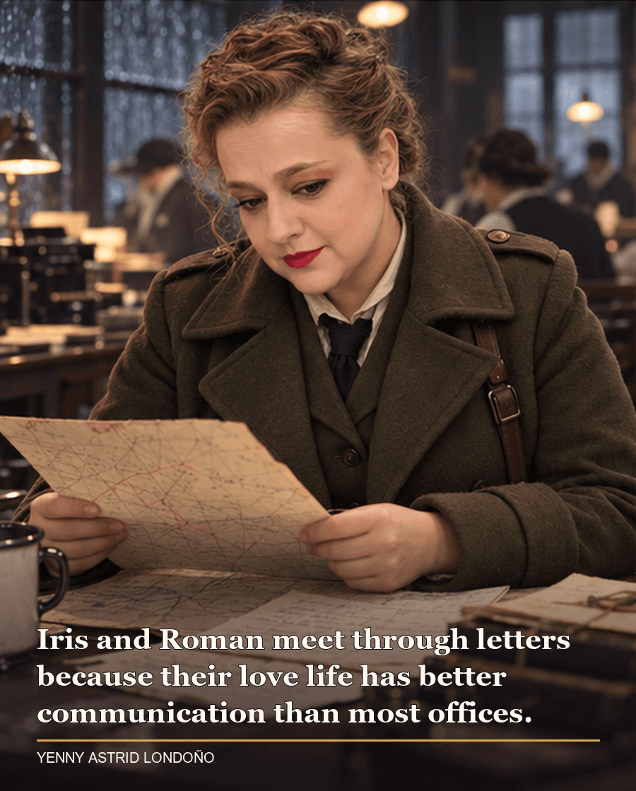Image from Yenny Astrid Londoño’s review of “Ruthless Vows”. Yenny in an olive coat reviewing a map and wartime dispatches in a newsroom. Text: Iris and Roman meet through letters because their love life has better communication than most offices.