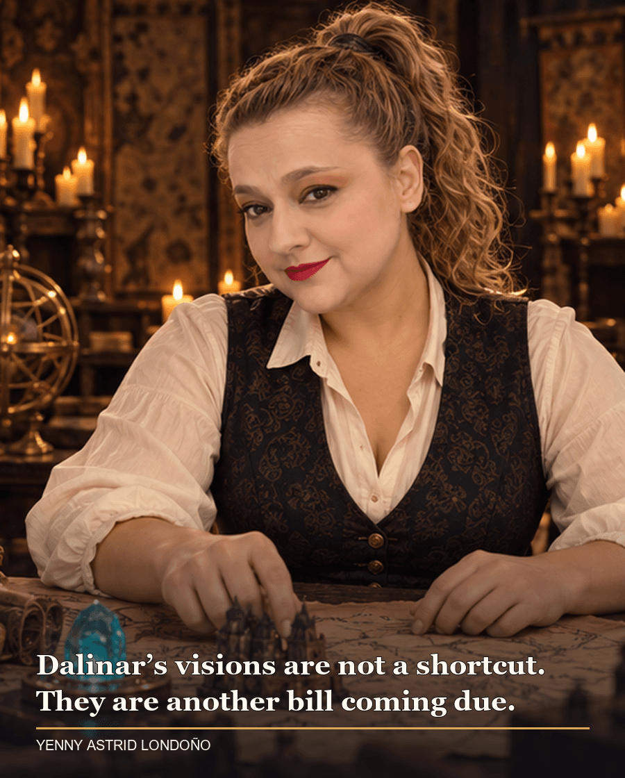 Image from Yenny Astrid Londoño’s review of “The Way of Kings”. Yenny in an ivory shirt in a candlelit strategy room with maps and a small glowing gemstone. Text: Dalinar’s visions are not a shortcut. They are another bill coming due.